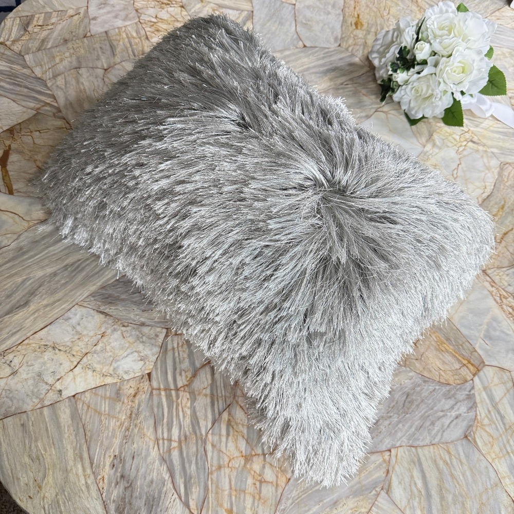 Glam‎ Shaggy Faux Fur Throw Pillow Lumbar Accent Silver Sparkle